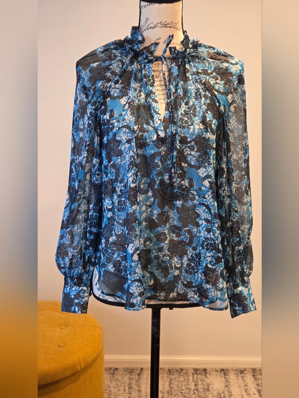 Anthropologie Blue Floral Tie-Neck Sheer Blouse, Size S. - Picture 3 of 15